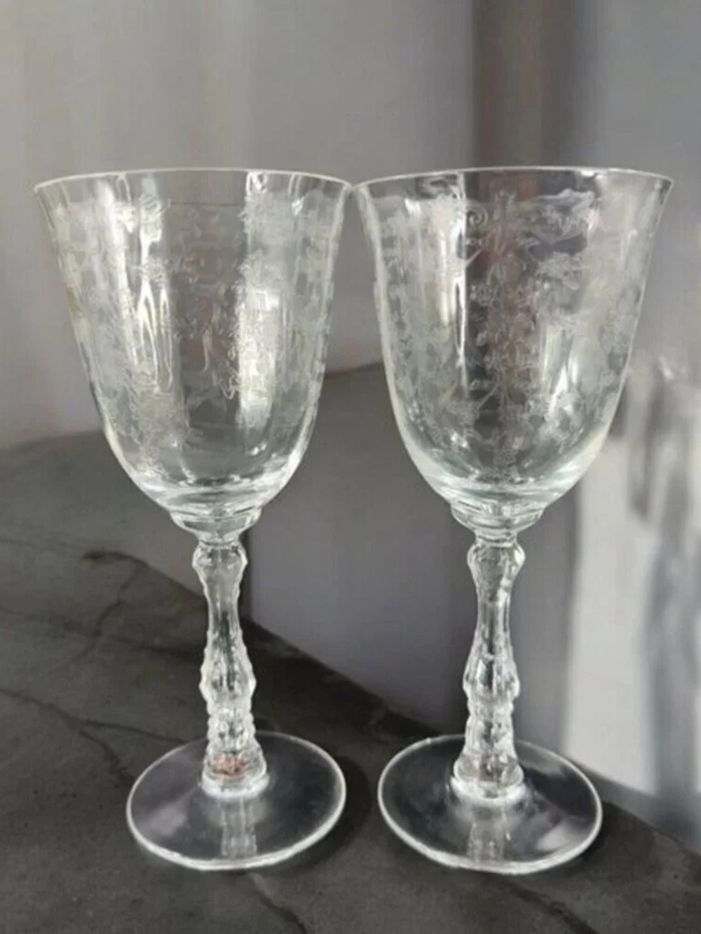 Pair of Clear Etched Glass Wine Goblets - Elegant Clear Stemware